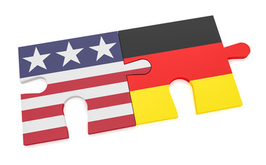 USA Germany Partnership Concept: US Flag And German Flag Puzzle Pieces, 3d illustration isolated on white background.