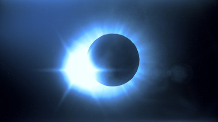 Full solar eclipse. The Moon mostly covers the visible Sun creating a diamond ring effect. This astronomical phenomenon can be seen as a sign of the End of the World. 3d illustration