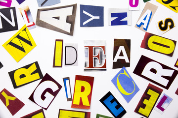 A word writing text showing concept of Idea made of different magazine newspaper letter for Business case on the white background with copy space