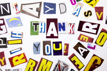 A word writing text showing concept of Thank You, Thanking made of different magazine newspaper letter for Business case on the white background with copy space