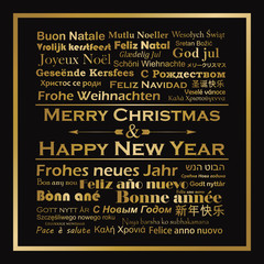 Merry Christmas and Happy New Year in different languages - golden text background, vector