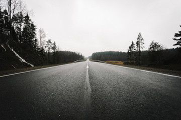 Wet straight empty asphalt road in the middle with a light fog in the rainy weather low shot. A low...