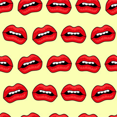 Abstract seamless lips pattern for girls or boys. Creative vector background with red lips, mouth. Funny wallpaper for textile and fabric. Fashion mouth pattern style. Colorful bright picture