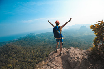 Obraz premium successful woman hiker enjoy the view on cliff edge top of mountain