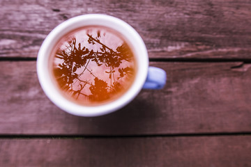 Cup of tea top view reflection in it