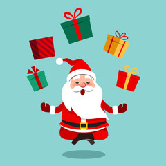 Vector cartoon illustration of funny cute Santa Claus sitting cross-legged in lotus position meditating, floating above ground with colorful gift boxes above him in a circle, contemporary flat style