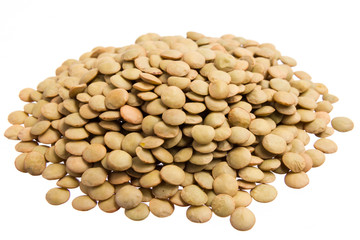 Lentils.  Pile of grains, isolated white background.