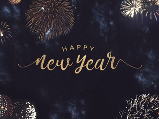 Happy New Year Celebration Text with Festive Gold Fireworks Collage in Night Sky - Powered by Adobe