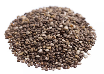 Chia Seed. Pile of grains, isolated white background.
