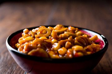Sliced Green Olive Salad with Chili Sauce.