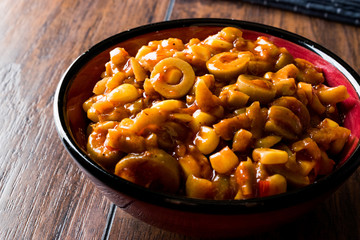 Sliced Green Olive Salad with Chili Sauce.