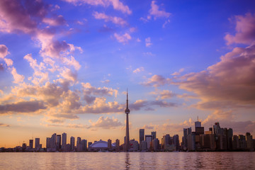 Fototapeta na wymiar View of Toronto city from Central Island during sunset