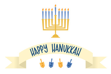 Fototapeta na wymiar Vector illustration of a Happy Hanukkah banner with a menorah and dreidels