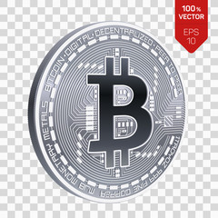 Bitcoin. 3D isometric Physical bit coin. Cryptocurrency. Silver coin with bitcoin symbol isolated on transparent background. 