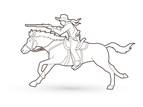 Cowboy on horse, aiming rifle outline graphic vector