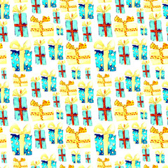 Obraz na płótnie Canvas Seamless Pattern with Hand Drawn Watercolor Gifts with Bow. Christmas Background. Party or Birthday Design. Repeatable New Year Pattern. Can be used For Textile Print, Packaging, Wallpaper, Wrapper.