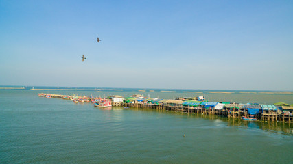 Fototapeta na wymiar Aerial shot : Seafood market in Chon Buri.