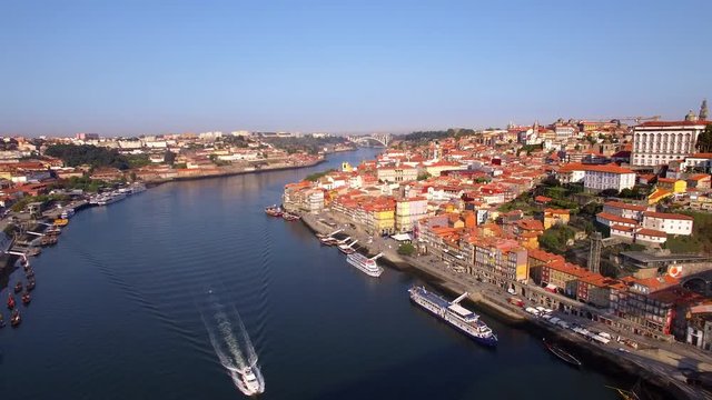 Porto, Portugal, aerial view of old town and Dom Luis Bridge over the Douro river.