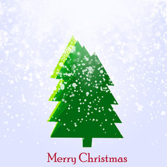 Christmas greeting card. Yellow christmas tree with snow background. Vector