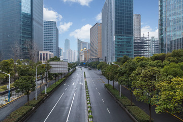 blurred motion traffic in the downtown district.