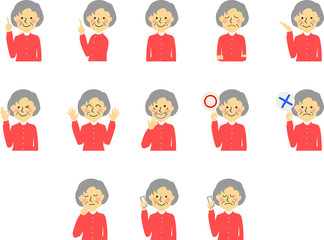 おばあちゃん シニア  女性 表情 ジェスチャー セット