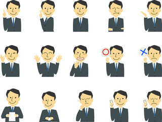 サラリーマン 働く人 新入社員 男性 表情 ジェスチャー セット
