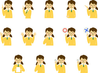 学生 高校生 女子 女性 制服 表情 ジェスチャー セット