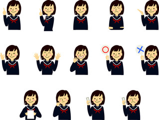 学生 女子 女子高生 高校生 中学生 セーラー服 表情 ジェスチャー セット