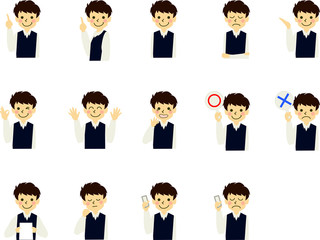 学生 男子 中学生  小学生 子供 表情 ジェスチャー セット