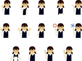 学生 女子 中学生  小学生 子供 表情 ジェスチャー セット