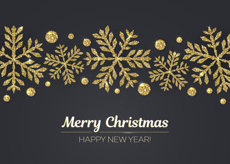 Vector Merry Christmas Happy New Year greeting card design with gold snowflake decoration for holiday season.