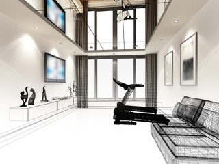 sketch design of living room ,3d rendering