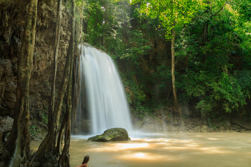 Obraz premium Erawan waterfall in the rainy season with turbid water, Kanchanaburi Province, Thailand.