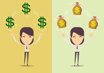 successful happy woman with money. set . Stock vector illustration for poster, greeting card, website, ad, business presentation, advertisement design.