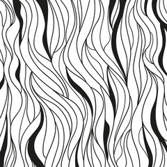 Monochrome wave pattern. Background. Hand drawn lines. Hair texture. Doodle for design. Line art. Illustration for coloring. Design for spiritual relaxation for adults. Black and white wallpaper