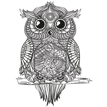 Owl. Zen art. Design Zentangle. Detailed hand drawn vintage owl with abstract patterns on isolation background. Design for spiritual relaxation for adults. Black and white illustration for coloring. 