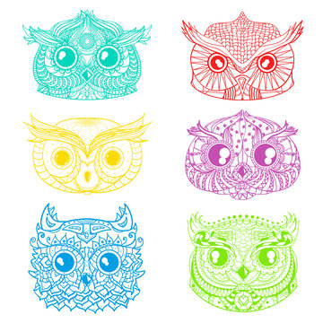 Owls. Heads. Design Zentangle. Hand drawn owl with abstract patterns on isolation background. Design for spiritual relaxation for adults. Outline for tattoo, printing on t-shirts. Doodles for icons