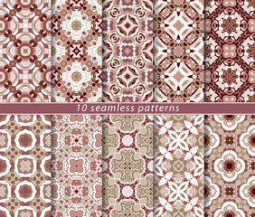 Ten seamless patterns in Oriental style. Eastern ornaments for design fabric, wrapping paper or scrapbooking. Vector illustration in red colors.