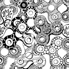 seamless pattern with Fidget Spinners. Black and white. Vector illustration. Set of different hand spinners with striped, crosswise, dots, circles patterns.