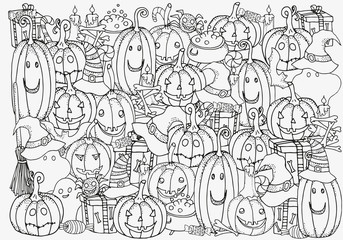 Pattern for coloring book. Set of Halloween symbols pumpkin, broom, bat, spider webs. Hand-drawn decorative elements in vector. Black and white pattern. Zentangle.