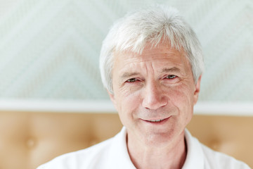 Head portrait of serene grey-haired senior man looking at camera