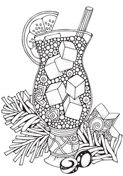 Glass cup with lemonade and ice pieces. Adult Coloring book page. Christmas decoration. Hand-drawn vector illustration. Black and white Pattern for coloring book. Zentangle.