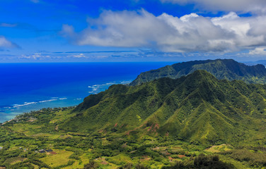 Aerial view of Oahu coastline and mountains in Honolulu Hawaii