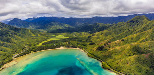 Aerial view of mountain ridges and coastline in Oahu Hawaii