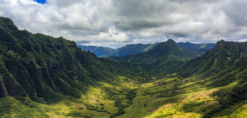 Aerial view of mountains and a valley in Oahu Hawaii