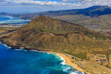 Aerial view of Koko Head volcano crater and lagoon in Honolulu Hawaii
