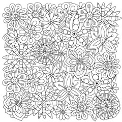 Pattern for adult coloring book. Flowers. Ethnic, floral, retro, doodle, vector, tribal design element. Black and white background.