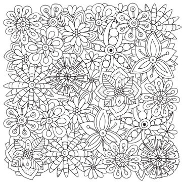 Pattern for adult coloring book. Flowers. Ethnic, floral, retro, doodle, vector, tribal design element. Black and white background.