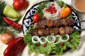 Uzbek Kebab.Sliced thigh or side of lamb marinated in wine vinegar,black pepper,coriander seeds,cumin.Served with onions and lettuce, garnish with pomegranate seeds.Uzbek cuisine.The upper projection.