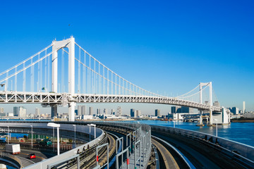 Cityscape of the Tokyo metropolitan area including Rainbow Bridge, Japan. Rainbow Bridge is a suspension bridge connecting Tokyo's "Shibaura area" and "Daiba area"